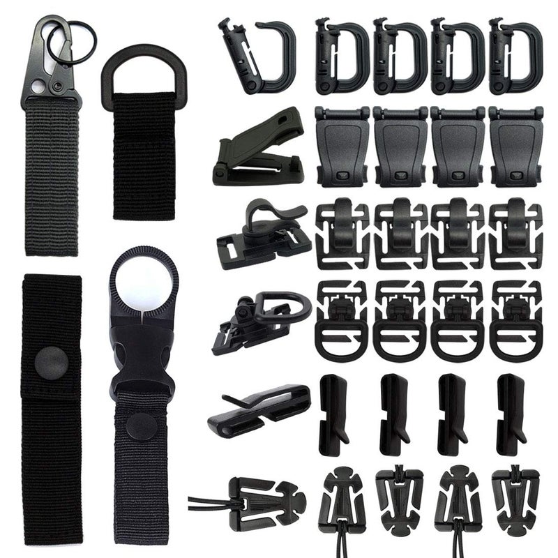 MOAMUN 34 PCS Molle Accessories Kit, Tactical Gear Organization Clip for Webbing Strap Molle Bag Backpack Vest Belt Key Ring, D-Ring Locking Carabiner, Water Bottel Carriers Tube Clip, Web Dominator Buckle - Image 1